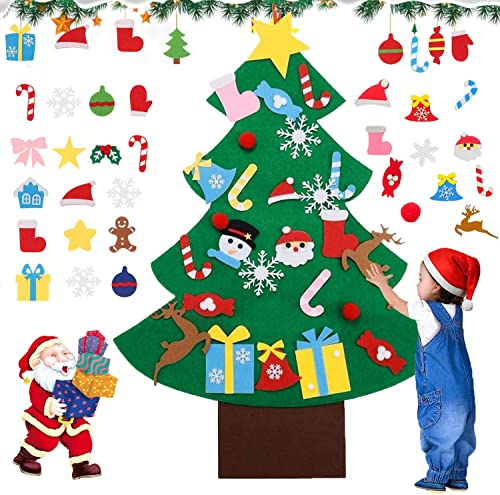 Árbol de Navidad de Fieltro, 1 pcs Árbol Navidad Fieltro Pared + 26 pcs Ornamentos Desmontables, DIY árbol de Navidad, Árbol de Navidad para niños, para Niños Decoraciones de Navidad Navidad Regalo