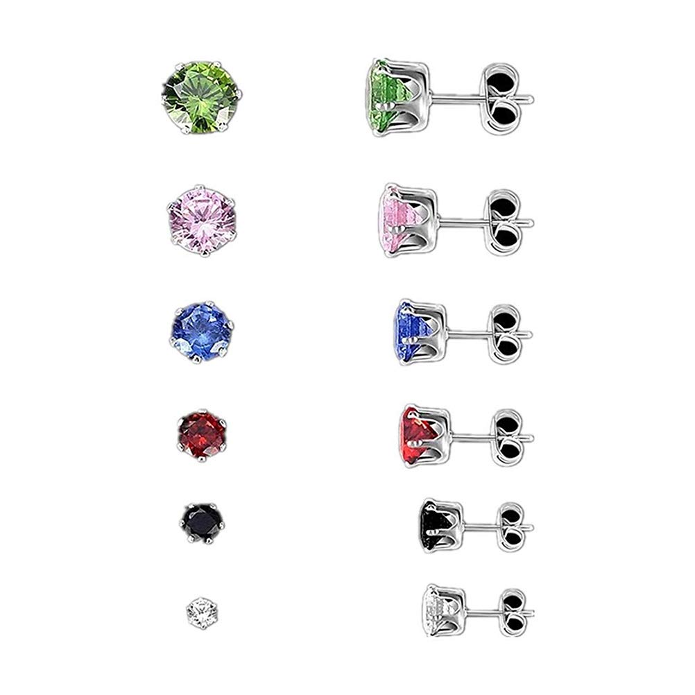 Magic Pieces Hypoallergenic Surgical Stainless Steel Round Clear Cubic Zirconia Ear Stud Earrings for Women 6 Pairs Set…