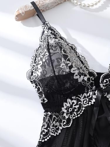 Image of Foxiny Sexy Ruffle Sheer Mesh Lace Wireless Babydoll Lingerie Dress with Thong 2 Piece