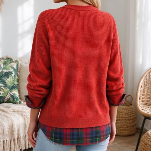 Womens Waffle Knit Christmas Sweatshirts Plaid Shirt Patchwork Crewneck Top - image 3