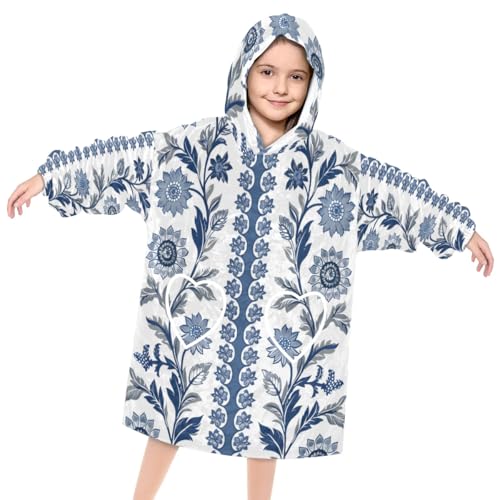Pardick Wearable Blanket Hoodie for Kids, Botanic Flowers Fleece Sweatshirt Blanket Oversized Blanket Sweatshirt with Pocket Flannel Warm Hooded Blanket 6-10 Year Old Girl Boy Gift, One Size
