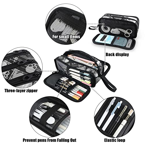 Image of Fustylead Skulls Gothic Striped Large Pencil Case, Minimalist Portable Stationery Bag Cosmetics Bag with Handle for Middle High College School Office Travel