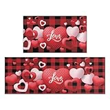 Valentines Farmhouse Kitchen Rugs Sets of 2, Love Heart Red Washable Anti Fatigue Runner Mats for Floor, Non Slip Comfort Standing Holiday Decor Mat for Sink, Laundry, Office 17'x 47'+17'x 30'