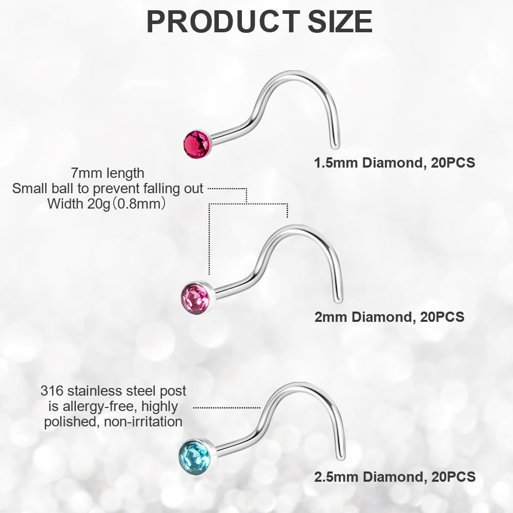 Aucuu Piercing Nariz Acero Quirúrgico Hipoalergénicos CZ Joyería Tornillo Recto Forma L Studs 1.5mm 2mm 2.5mm