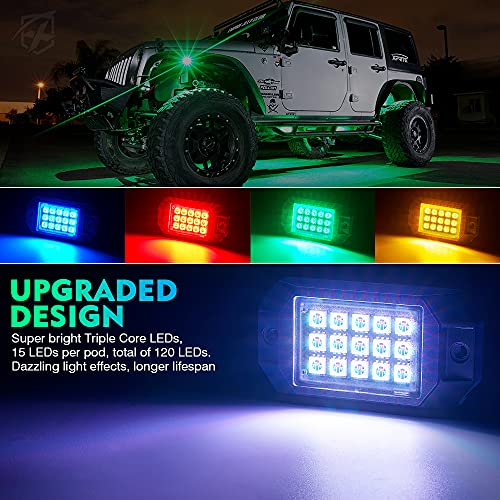Xprite Rgb Bluetooth Rock Lights Kit, Multicolor Neon Lighting Cars Underglow Footwell Wheel Well Light Pods, W/Rf Remote Controller For Off-Road, Trucks, Utv, Atv, Suv, Rzr, Motorcycles, Boat 8 Pcs #TOP1