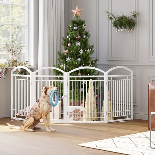 THKKY Folding No-Assembly Metal Freestanding Dog Gate with Door Walk Through,32" Height Pet Fence,96" Extra Wide Accordion Puppy Folding Playpen for Doorways,House,Stairs (4 Panels,White) by THKKY - Image 3