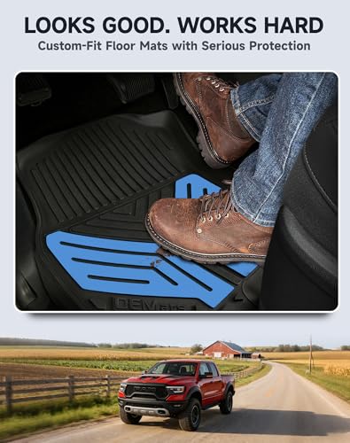Image of Premium Color TPE Floor Mats for Ram 1500 Crew Cab 2019-2024 | Bucket Seats | All-Weather Custom Fit Floor Liners Full Set | Hydro Blue Wing Design | No Rear Under-Seat Storage (Not Classic)