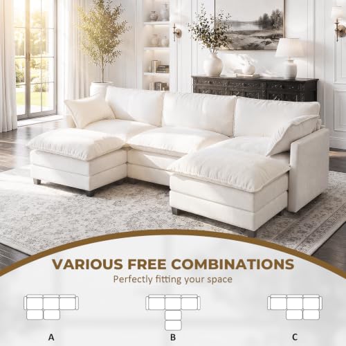 Image of 112 inch U-Shape Modular Sofa with 2 Ottomans, Deep Seat Cloud Convertible Sleeper, 2 Arm Pillows, Comfortable Upholstered Furniture for Living Room Apartment, Beige