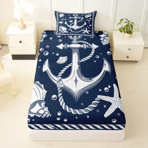 Image of jejeloiu Nautical Theme Bed Sheets Sets Twin Size Kids Boys Girls Compass Anchor Decor Bedding Set Ocean Shells Starfish Bed Sheet Set with 16-Inch Deep Pockets 3Pcs with 1 Pillow Cases