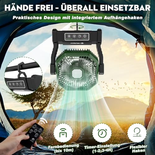 Camping Ventilator mit Akku, Leiser Zelt Ventilator mit LED Licht & Haken, 8-30 Std. Laufzeit, Tragbarer Ventilator mit Powerbank, Timer & Fernbedienung 10000mAh, Ideal für Camping, Outdoor, Wohnmobil 4