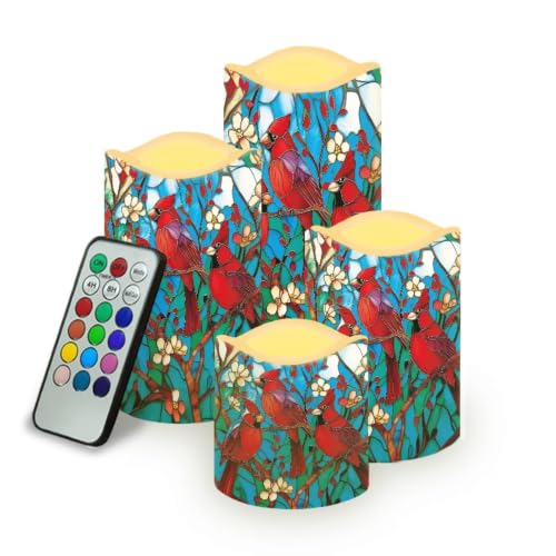Image of Stained Glass Cardinal Electric Flameless Candles Set of 4 | Christmas Flameless Candle Set with Timer, Battery Operated Fake Candles for Living Room, Table Centerpieces