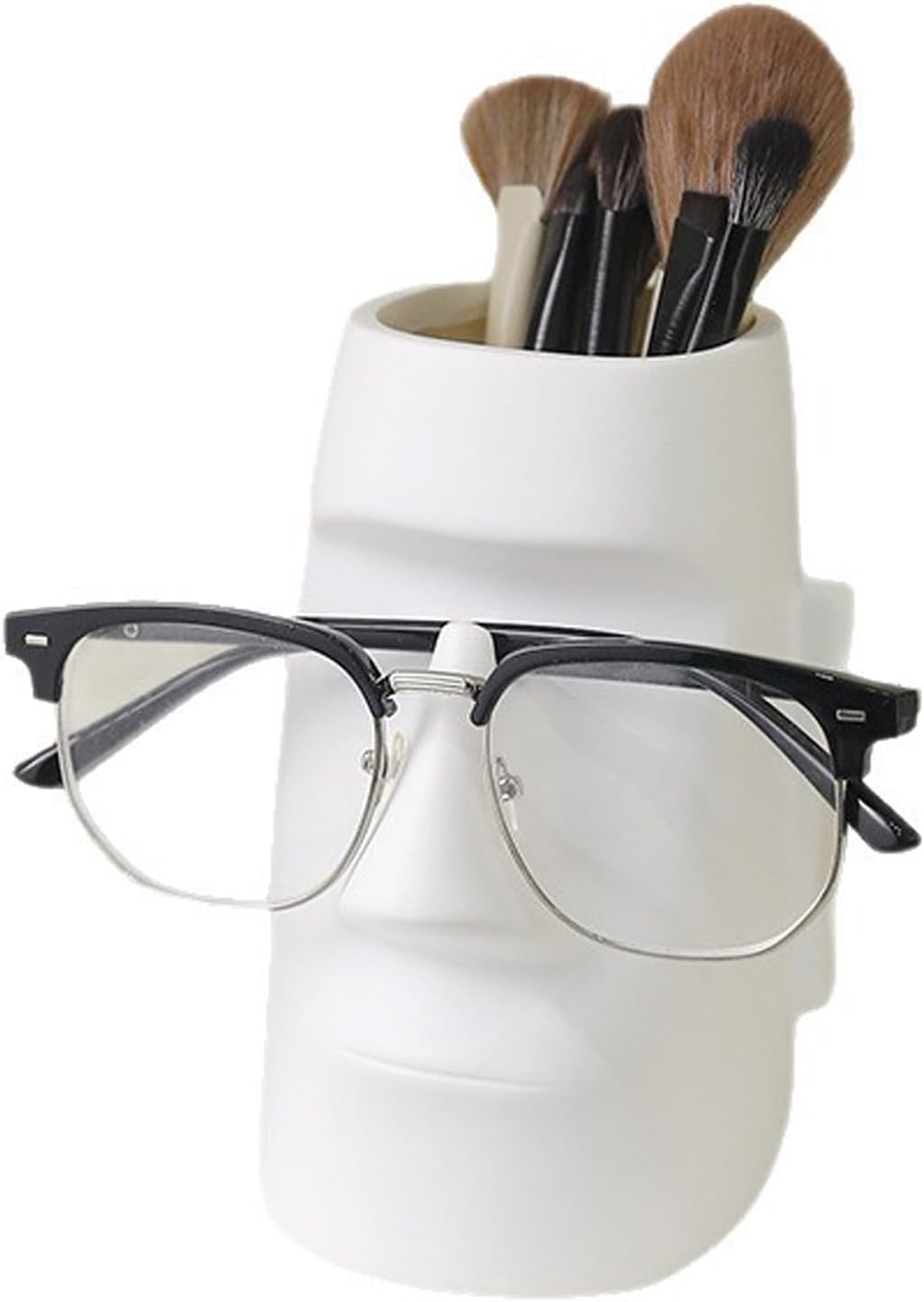 Moai Glasses Holder Stand and Pen Holder Desk Organizer Makeup Brush Storage Fun Glasses Stand Modern Home Decorative Nightstand Office Desk Decor （White）