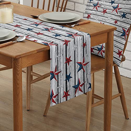 Lilmeme Table Runners 36 Inches 4 Th Of July Us Flag, Wedding/Coffee Table Runner, Farmhouse Style Table Linen Cloth For Dinning Holiday Party Indoor Outdoor Decor, Heat-Resistant, Stars Wood Grain #TOP2