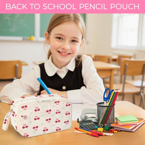 Image of WOBAGMEN Cute Pencil Case,Large Corduroy Zippered Pencil Case Pouch, aesthetic Pencil Bag with Compartments, Pencil Pouch School Supplies (HY-corduroy pc-cherry)