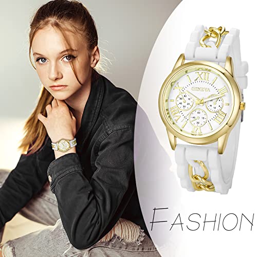 JewelryWe Zegarki damskie, silikonowy pasek, żelowy, żelowy, zegarek na rękę, okrągły, analogowy, kwarcowy, na co dzień, dla kobiet, dziewcząt, nastolatków, Boże Narodzenie, biały