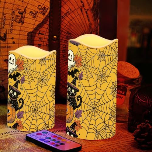 Image of Spider Web Flameless Battery Operated Lamp with Remote | LED Flickering Battery Operated Color Changing Electric Pillar Candles for Living Room Halloween Home Decor, 4 Pack