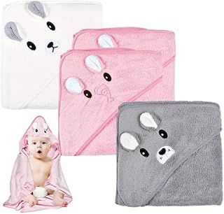 Funmo Hooded Towel Baby 3 Pieces Baby Towel Hood Baby Bath Towel Baby Towel with Hood 80 x 80 cm for Baby Bathing, Soft Super Absorbent, Cute Baby Hooded Towel with Pattern Unisex 0-5 Years (B) (A)