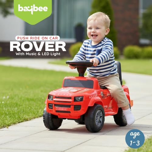 Image of Baybee Rover Baby Ride on Car for Kids | Push Ride on Toys Car with Backrest & Toy Storage Basket | Portable Rideons Jeep with LED Lights & Music | Kids Toy Car to Drive 1-3 Years (Red)