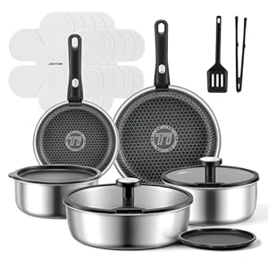 JEETEE Hybrid Tri-Ply Stainless Steel Cookware Set, 18pcs Pots and Pans Set Non Stick with Detachable Handles, Induction Cookware Set Kitchen Cooking Sets, RV/Camping Cookware, Dishwasher & Oven Safe