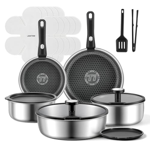JEETEE Hybrid Tri-Ply Stainless Steel Cookware Set, 18pcs Pots and Pans Set Non Stick with Detachable Handles, Induction Cookware Set Kitchen Cooking Sets, RV/Camping Cookware, Dishwasher & Oven Safe by JEETEE - Used condition - US$58.53