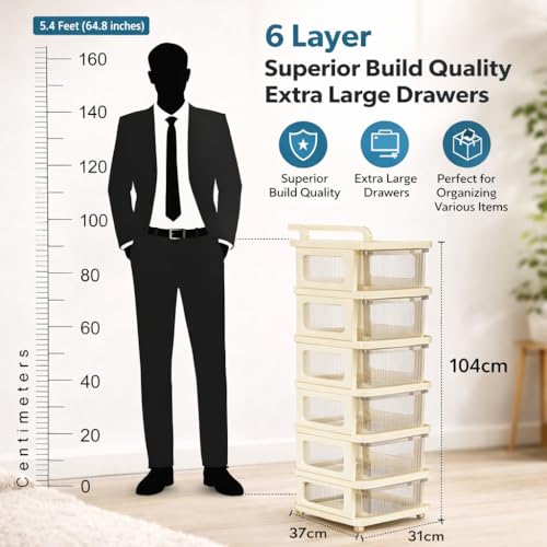 Image of KITCHIVO Heavy Duty Plastic Storage Drawer with Wheels | Modular Cabinet for Bedroom, Office, Home or Classroom| Chest of Drawers Organiser for Cosmetics, Kitchen items, Toys (White, 6)