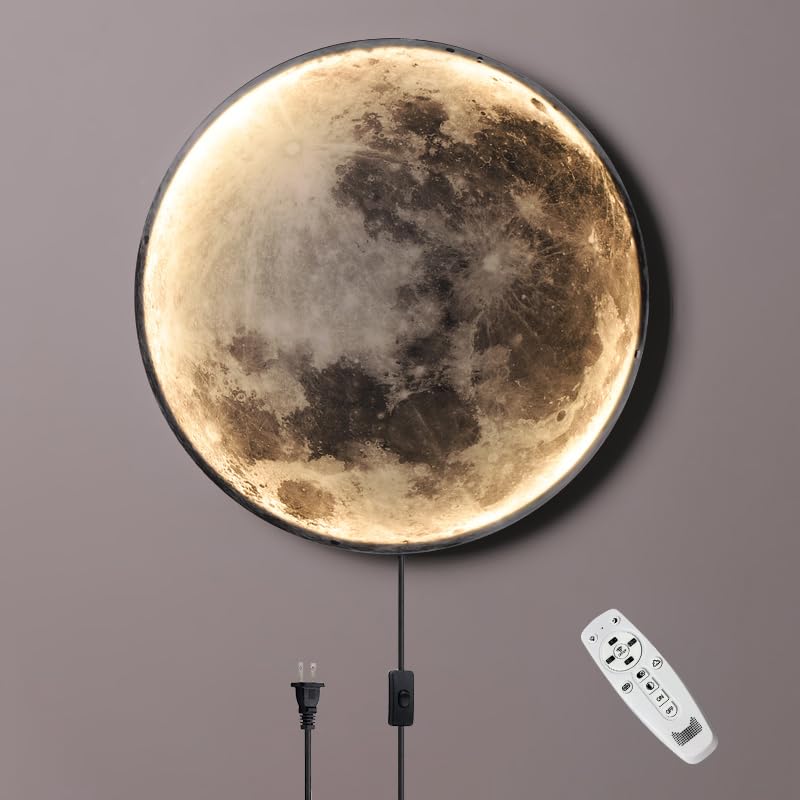 Image of Modern Moon Wall Sconce Lighting, Dimmable Nightlight with Remote Control, Plug in Wall Lamp, Decorative Moon Light for Living Room Hallway (23.6 inch)