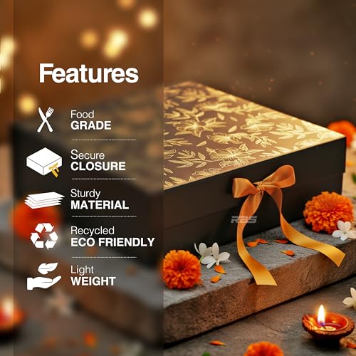 Image of RBS- LARGE Gift Boxes (34 x 33 x 10cm) Gift boxes for Packaging (1 Pack) Hamper Boxes for Gift Holds Upto 10 kg Gift Packing Box for Gifting Hamper Box (L - Black Gold Floral)