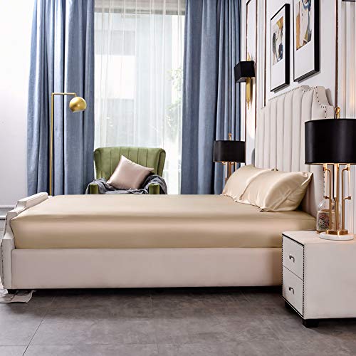 Thxsilk Fitted Sheet Set 3Pcs, Fitted Sheet With 16 Inch Deep Pocket, Two Silk Pillowcases, 100% 25Momme Silk, Ultra Durable And Soft - Champagne, Twin #TOP2