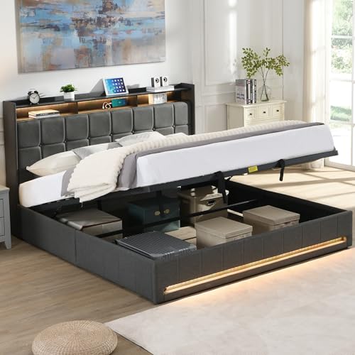 King Bed Frame with Storage, Gas Lift Bed King Size with Headboard, Upholstered Platform Bedframe with Led Lights & Charging Station, Noise Free, No Box Spring Needed, Easy Assembly, Grey