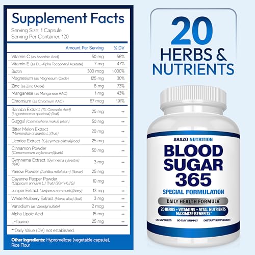 Arazo Nutrition Blood Sugar 365 Supplement – Supports Healthy Energy Levels - 120 Herbal Pills - 60 Day Supply - Image 3
