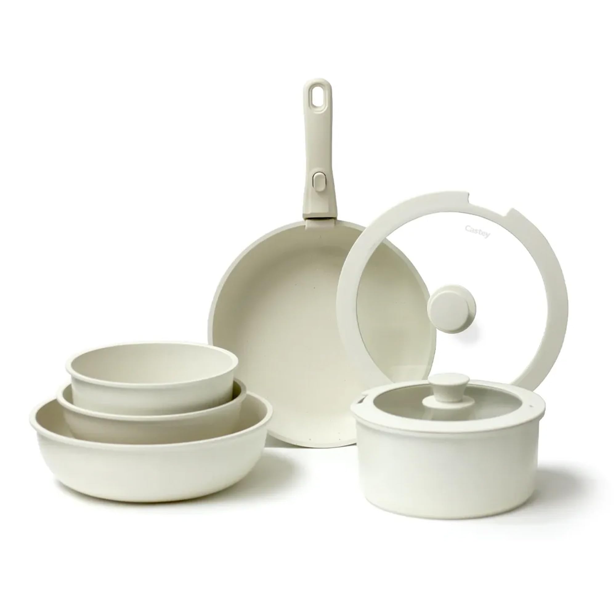 CASTEY - Batería de Cocina 8 Piezas, Modelo BAT-C8WH, Acero Inoxidable 18/10, Base de Aluminio, Recubrimiento Antiadherente Sin PFOA, Sartenes, Ollas y Cacerolas con Tapa y Mango Extraíble, Blanco