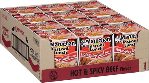 Maruchan Instant Lunch Ramen Noodles, Hot & Spicy Beef Flavor &ndash; Japanese-Style Instant Noodle Soup, Easy Meal Ready in 3 Minutes &ndash; 2.25 Oz. (12 Pack)
