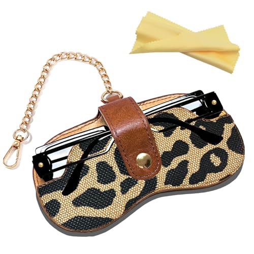 Image of Eyewear Clutch Glasses Case with Clip Soft Leather Sunglasses Bag | Leopard, Plaid, Ultra slim for purse, Portable for travel trip, Easier to access eyeglass, Magnetic button, Cleaning cloth
