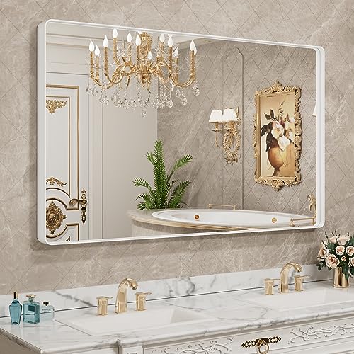 LOAAO 50x30 Inch White Metal Framed Bathroom Mirror for Wall, White Bathroom Vanity Mirror Farmhouse, Large Rounded Rectangle Mirror, Anti-Rust, Tempered Glass, Hangs Horizontally or Vertically