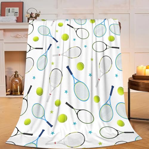 HiHELLOH Tennisdecke, Schläger und Bälle, Fleece-Überwurf, superweich, warm, gemütlich, flauschig, Plüsch-Sportdecke, Geschenke für Mädchen, Jungen, Kinderzimmer, Dekoration, 101,6 x 127,7 cm