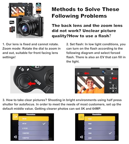 Digital Camera, 6X Optical Zoom & WiFi, 5K 30FPS 64MP Vlogging Camera, Rear and Front Cameras for Photography and Video, Autofocus & Anti-Shake, Travel Selfie for YouTube with Flash Dial 64GB Card