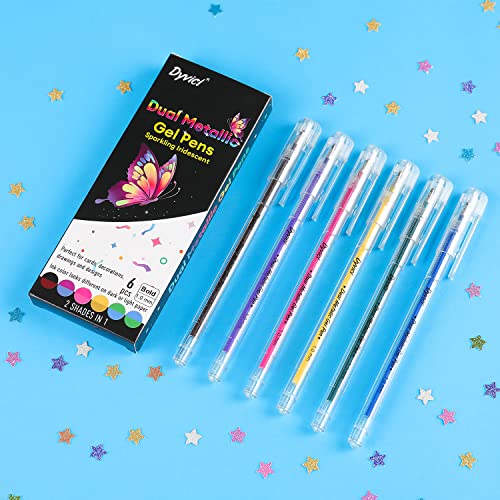 Dyvicl Dual Metallic Gel Pen, Liquid Glitter Iridescent Gel Pen for Coloring, Doodling, Drawing, Scrapbooking, Card Making, Illustrations, Journaling, Set of 6