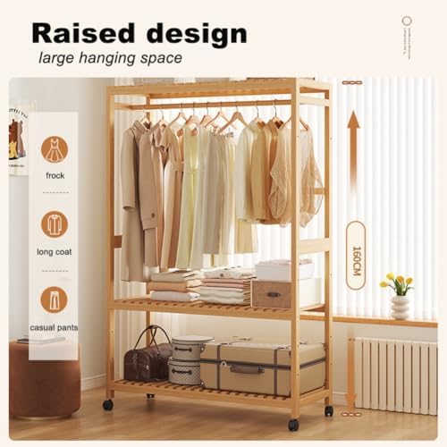 Free Standing Wooden Clothes Rack with Shelves - Bamboo Wardrobe on Wheels, Open Wardrobe for Bedroom, Garment Rack with Storage Shelf - Stylish & Functional
