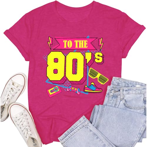 Cutesong Vintage 80s Shirts for Women Retro 1980 Party Outfits Vibrant Retro to The 80s Print tee top Rosered