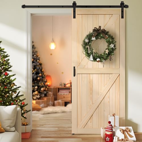 YITAHOME Solid Wood 36'' x 84'' Barn Door with 6FT Hardware Kit and Handle, Wooden Sliding Door Easy to DIY for Interior, Living Room, Kitchen, Bedroom, Bathroom, Easy Installation, Natural