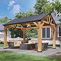 Aoxun 12' x 10' Outdoor Wood Gazebo, Hardtop Gazebo Permanent Wooden Pavilion with Gable Galvanized Steel Roof, for Patio, Garden, Backyard(Nature)