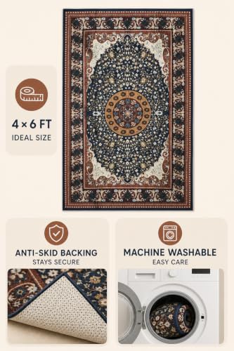 Image of CASA-NEST Velvet Touch Area Rug (4x6 ft), Ultra Soft Anti-Skid Backing, Washable Large Floor Carpet for Living Room - Royal Navy Medallion