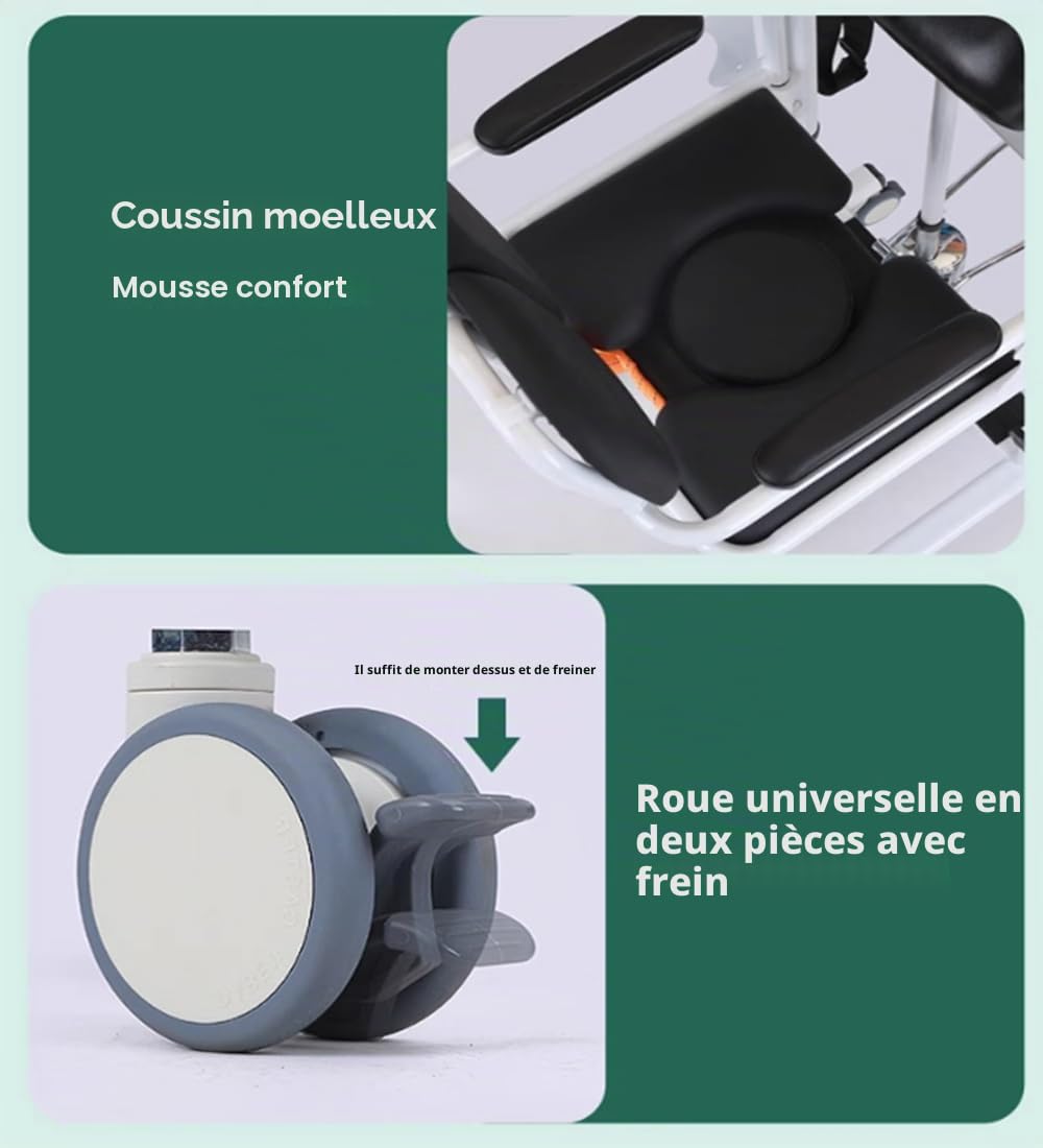 Chaise de transfert hydraulique pour patient avec position assistée, hauteur réglable de l'assise à la verticale, avec dossier haut doux et siège doux, fauteuil roulant pouvant supporter 136 kg pour