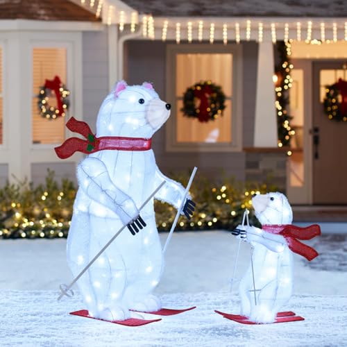 Tangkula 2-Piece Lighted Polar Bear Christmas Decorations, Animated Skiing LED