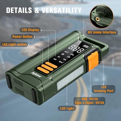 Image of Jump Starter with Air Compressor, 5000A Car Battery Jump Starter, 16000mAh Battery Jumper Starter Portable for 10L Gas /Diesel Engine with 160PSI Booster, LED Display & Light, Jumper Cables