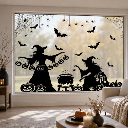 Image of AhfuLife Large Halloween Window Clings Decorations, 12.6 x 35.4 in, 5 Sheets Scary Witch Window Stickers Double‑Side Extra Large Silhouette Reusable Decals for Halloween Home Party Indoor Decor
