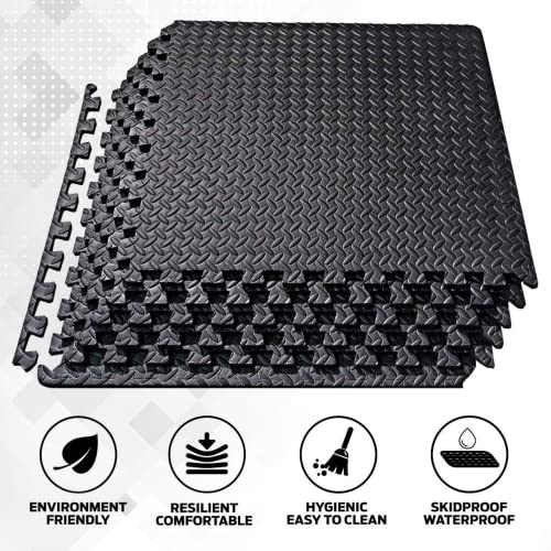 Foto von Sportmatte Gymnastikmatte Puzzlematte Set 48 Yogamatte[60x60 1cm], Bodenschutzmatte Rutschfest Trainingsmatte für Fitnessraum&Fitnessgerät, Schwarz