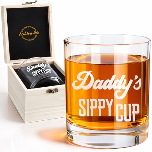 LIGHTEN LIFE Daddy's Sippy Cup Whiskey Glass 12 oz,Unique Dad Gift in Valued Wooden...