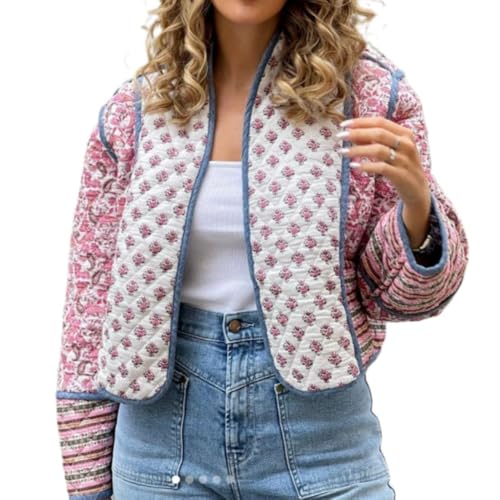 Vintage Floral Puffer Quilted Jacket Women's Coquette Cropped Padded Coat Boho Reversible Cardigan Y2K Winter Outwear