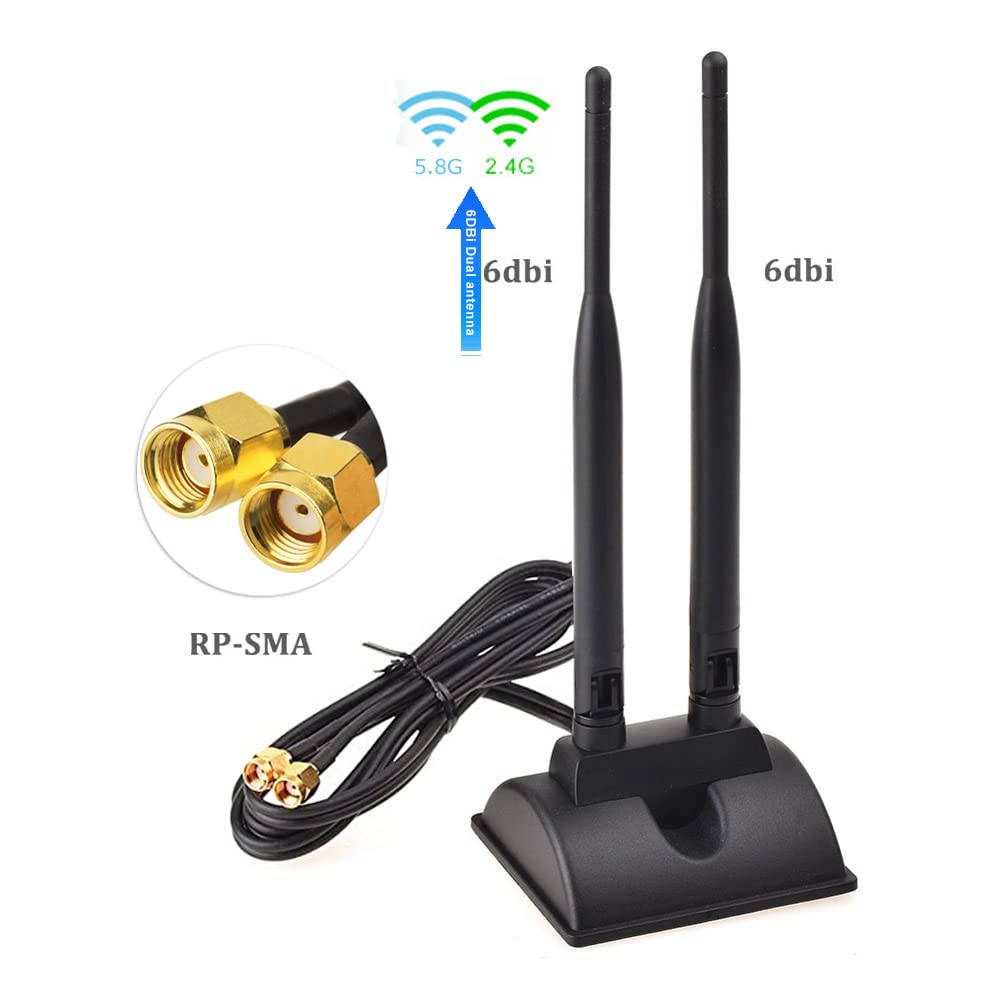 L44CS antena WiFi Dualband 2,4 GHz i 5,8 GHz, 2 x 6dBi RP-SMA wzmacniacz sygnału z podstawą magnetyczną i przedłużaczem 3 m do kart PCI i routerów
